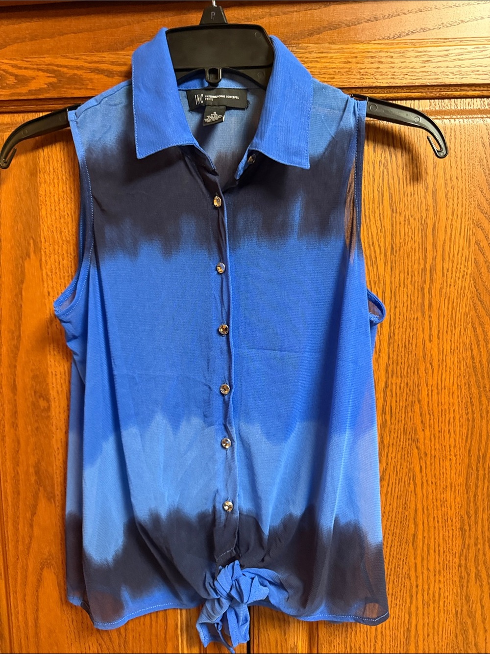 INC International Concepts Blue and Black Tie-Hem Sleeveless Button Top